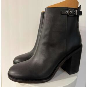 Ankle Booties Franco Sarto Black Leather Block Heel Moto Buckle Dual Zip Sz 8.5M